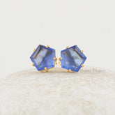 Blue Sapphire Studs Earrings, Sapphire Quartz 11x11mm Star Shape Gold Plated Gemstone Studs Earrings, Beautiful Prong Set Studs For Girls